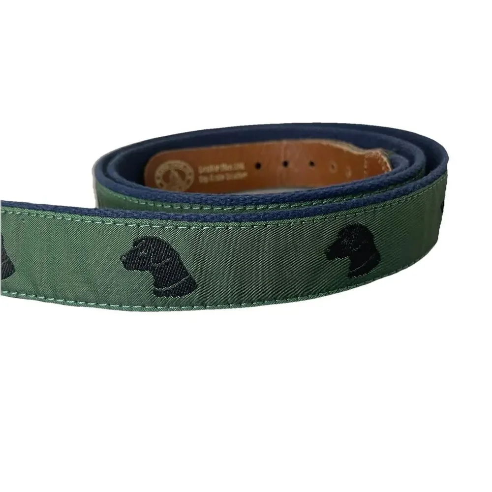 Leather Man Ltd. Black Lab Dog Fabric & Leather Belt VTG Men Sz 48” Preppy